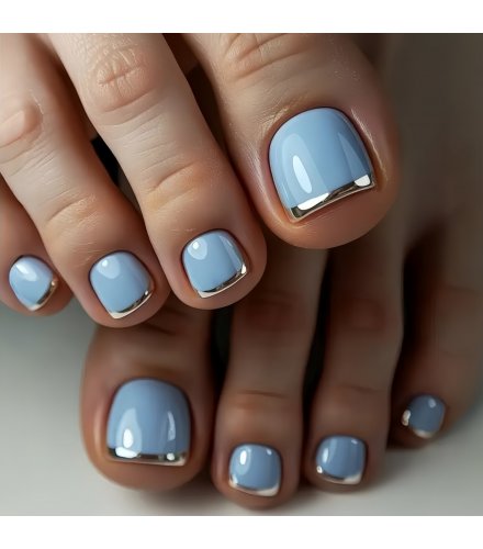 NA108 - Light Blue Silver French-Style Toenails
